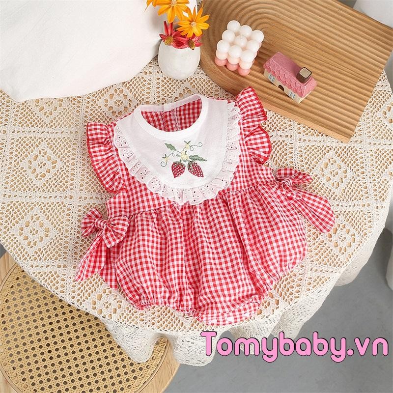Bộ áo liền quần cổ tròn không tay thêu dâu tây cho bé gái