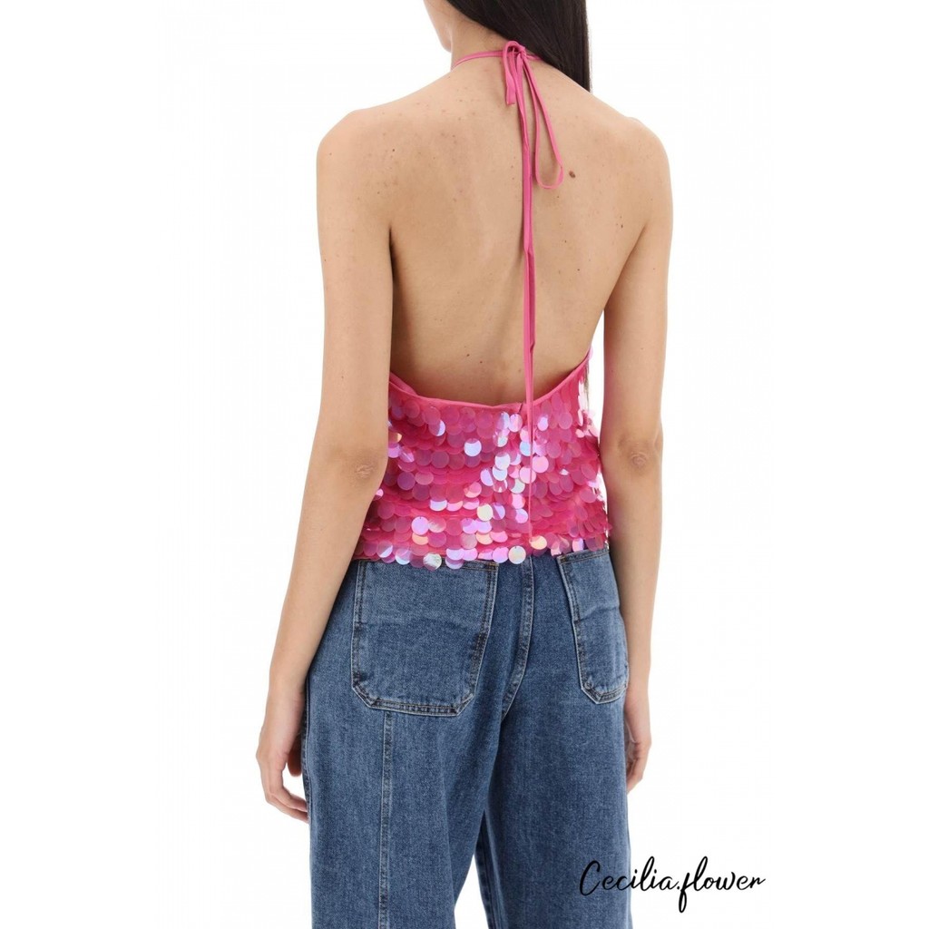 Áo Tank Nữ Sequins Buộc Dây Cổ Áo Vest Mùa Hè Không Tay Áo Dạo Phố