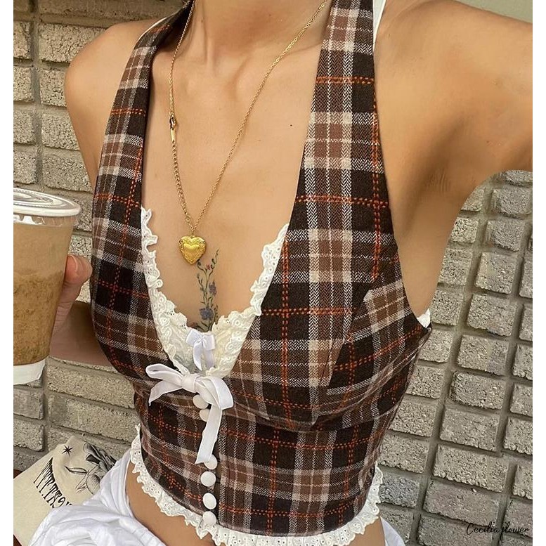 Nữ Dây Cổ Tank Tops Không Tay Ren Viền Kẻ Sọc In Crop Top Áo Sơ Mi Mùa Hè