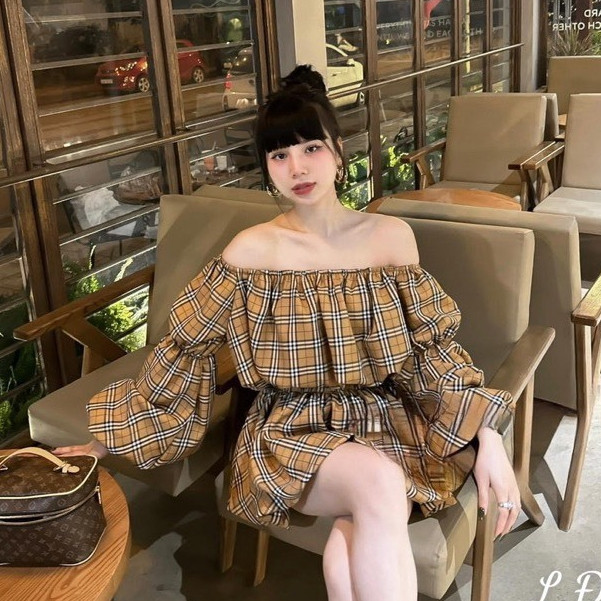 Set Áo Sơ Mi Trễ Vai BBR Mix Chân Váy Dáng Ớt Chuông Chất Cotton Mềm Mịn NA217