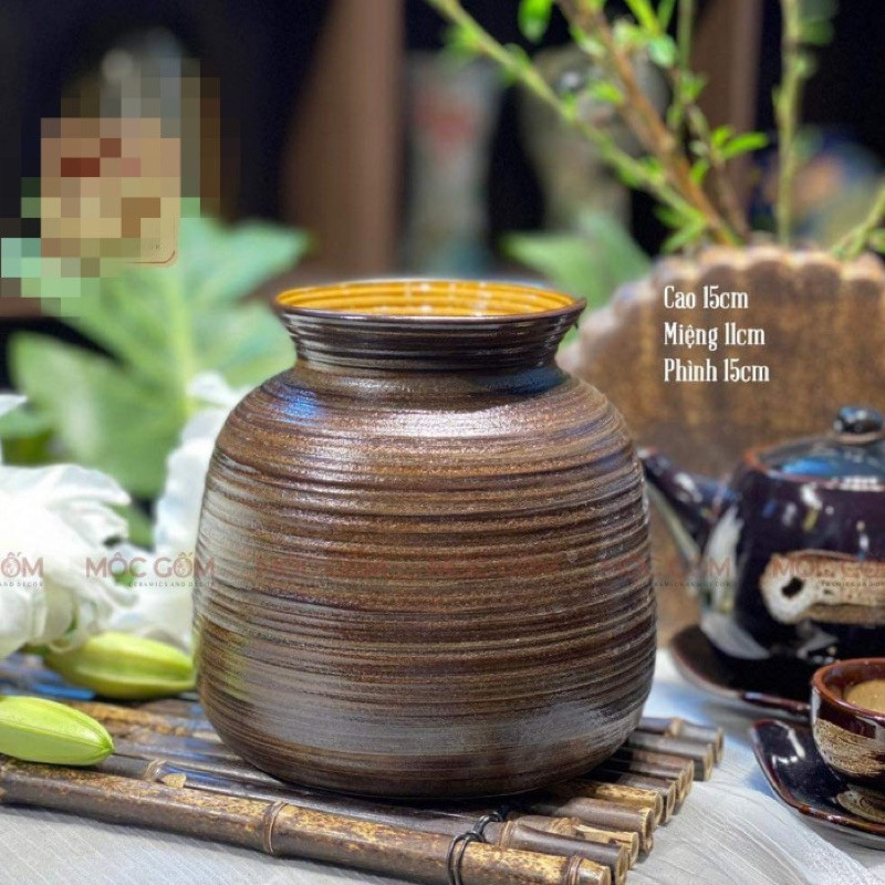 Bình cắm hoa gốm sứ Bát Tràng men mộc vai vuông vintage trang trí phòng khách đẹp