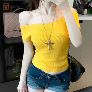 Marbit Nữ Tay Ngắn Vai Áo Màu Trơn Phù Hợp Với Áo Thun Gợi Cảm Mới