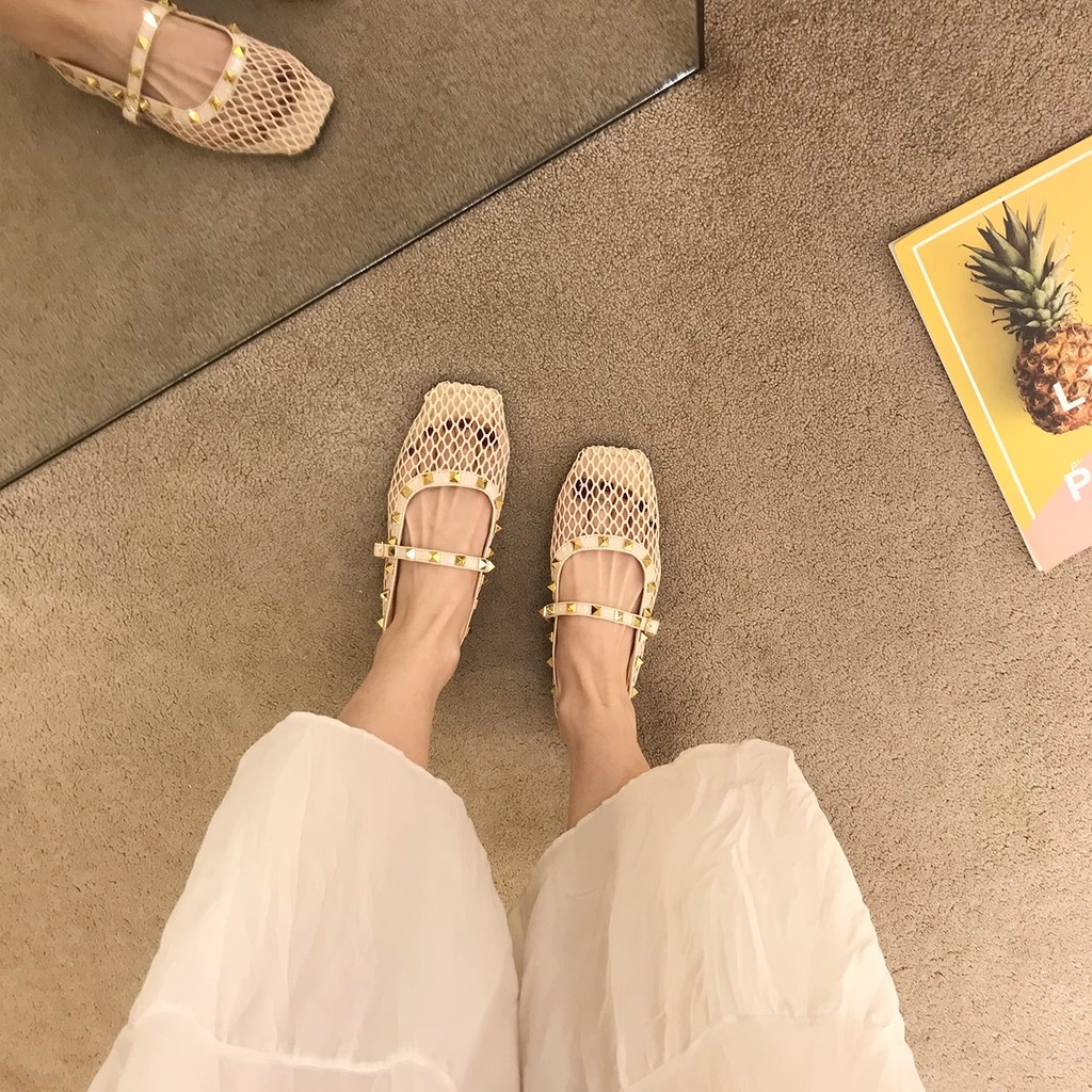 Atikota Rỗng Mary Jane Sandal Nữ Mũi Vuông Đế Bằng Thoáng Khí Nhẹ Giày Mùa Hè