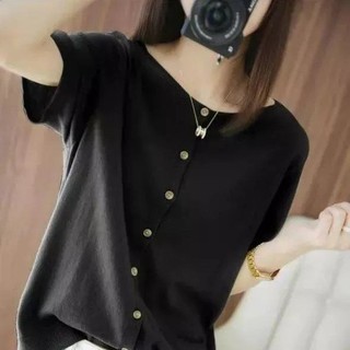 [1385 Bộ sưu tập người] Áo thun Cardigan dệt kim ngắn tay băng mỏng cỡ lớn Váy điều hòa không khí Top Áo len dệt kim dáng rộng