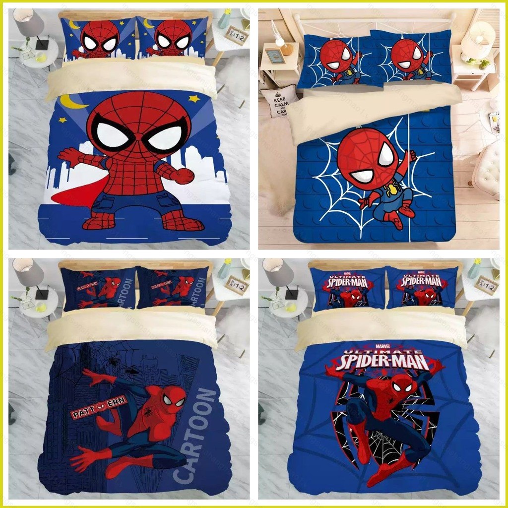 PS1 Marvel Spider-Man 3IN1 Ga trải giường Vỏ chăn gối Bộ chăn ga gối Phòng ngủ gia đình Bộ đồ Anime có thể giặt được SP1