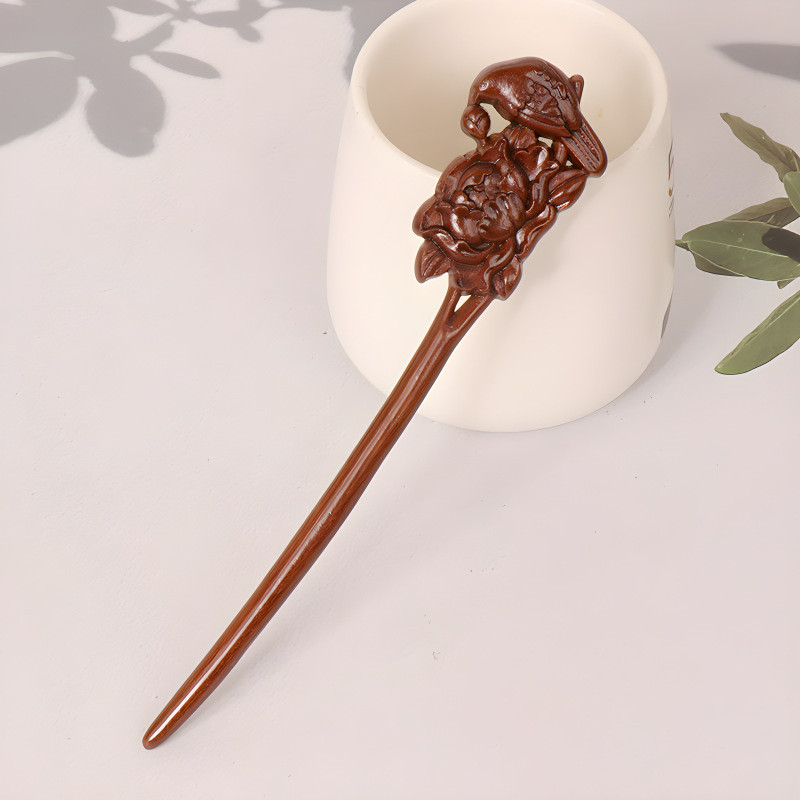 Kẹp tóc gỗ đàn hương cao cấp hai mặt khắc cổ điển, phong cách Hanfu, vàng lụa