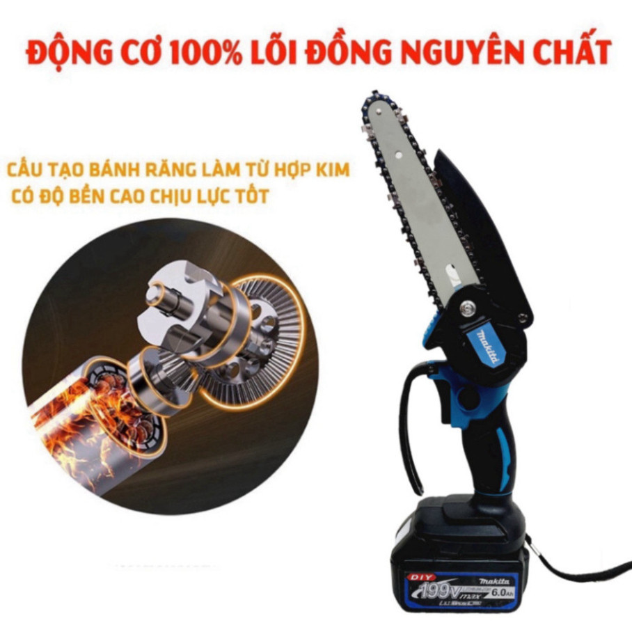Máy Cưa Xích Cầm Tay Dùng Pin Lõi Đồng Dây Xích Dài 6 inch Gọn Nhẹ Tiện Lợi