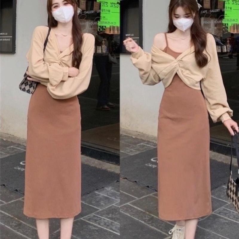 Sét áo khoác dài phối đầm 2 dây body hottrend feedback Bảo An Shop hot Thun Nữ Top Đen