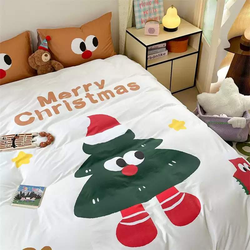 ST2 Giáng Sinh Bánh Gừng Người Cây 3IN1 Ga Trải Giường Chăn Vỏ Gối Bộ Chăn Ga Gối Nhà Phòng Ngủ Phù Hợp Với TS2