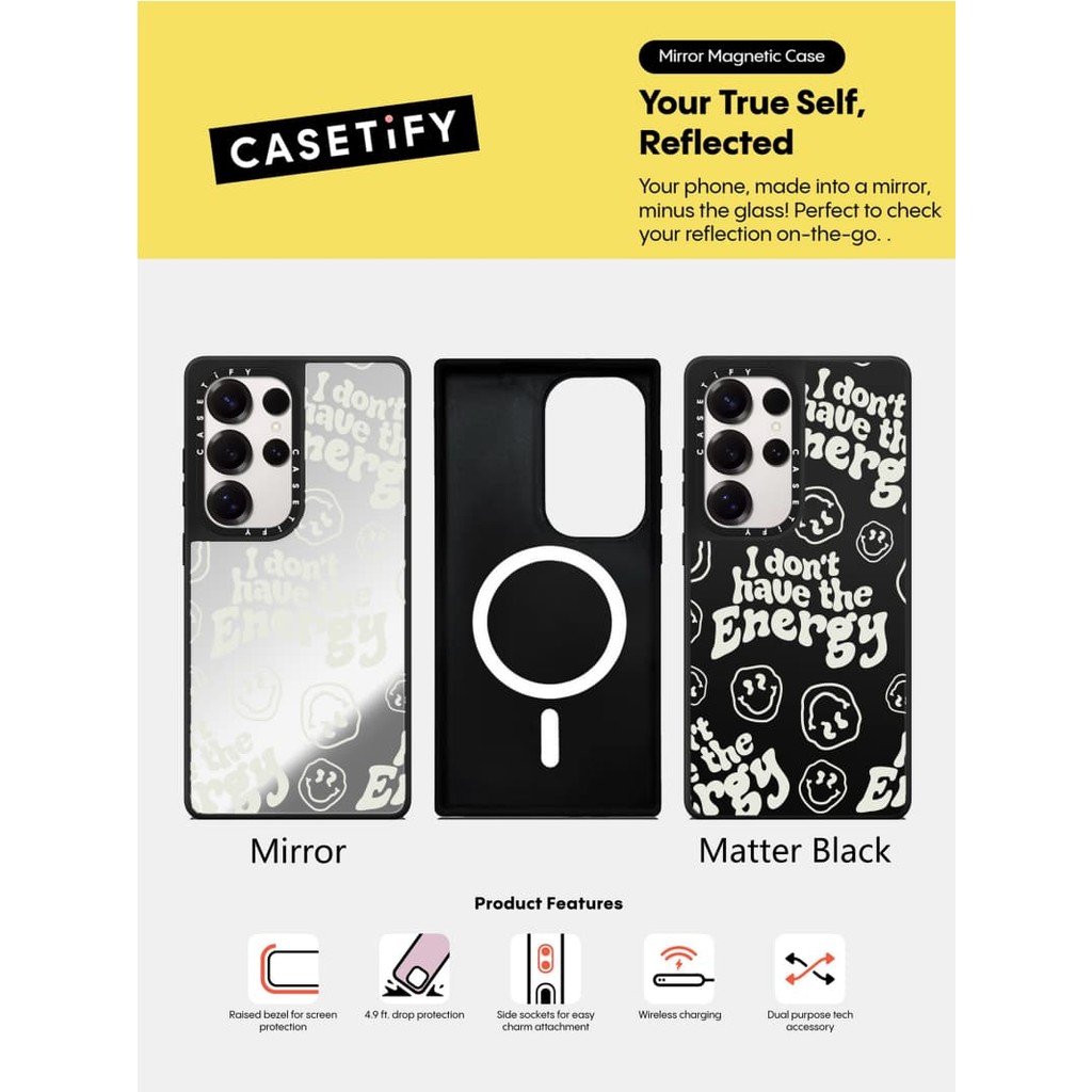 Casetify X Energy Case Matte Black & Sliver Mirror Vỏ hút từ tính Samsung Galaxy S23 S24 S25 Ultra Plus Mặt sau cứng có hộp khắc logo