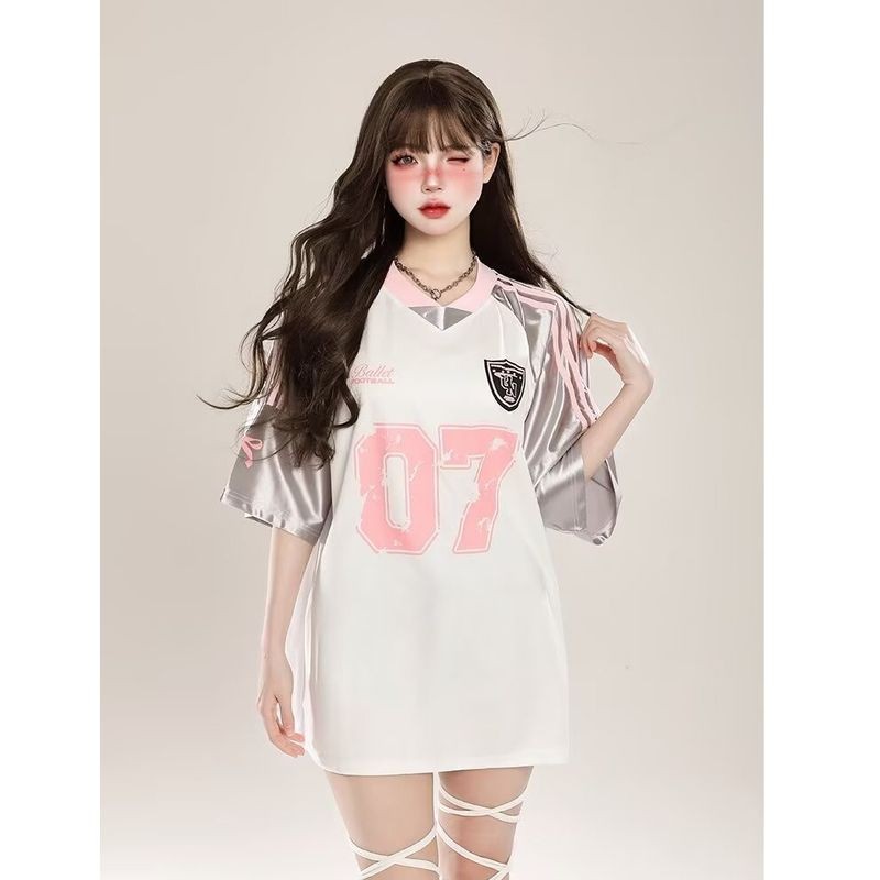 ThaliaWisp Áo Thun Nam Mỹ Retro Khâu In Hình Mùa Hè Phong Cách Thể Thao Rời Cổ Chữ V Jersey