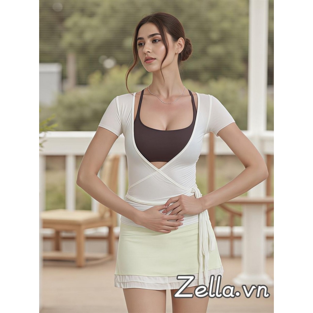 Áo sơ mi nữ quấn cổ chữ V cơ bản tay ngắn màu trơn buộc dây bên hông