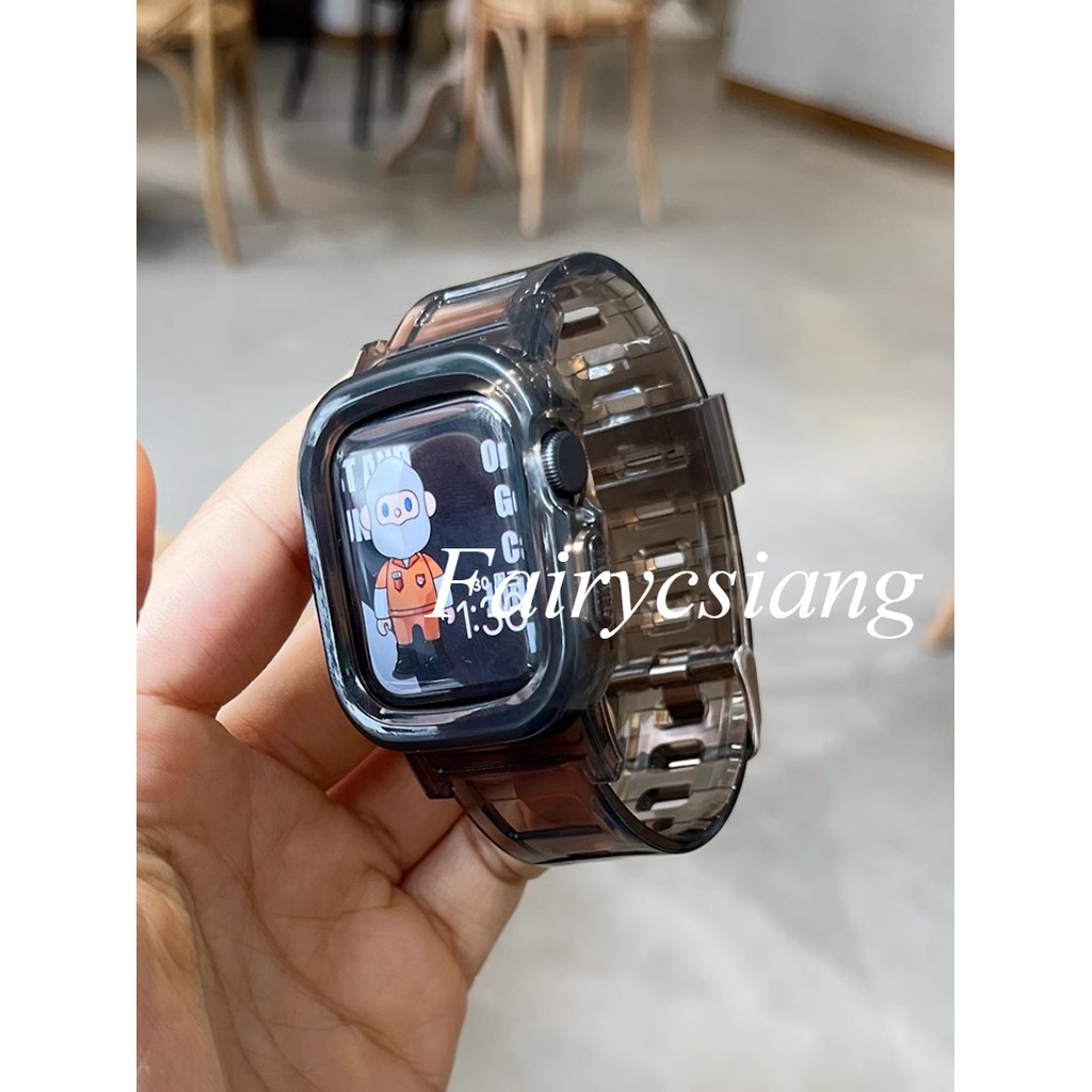 Dây đeo trong suốt + Vỏ cho Apple Watch Series 9 8 7 6 SE 5 45mm 44 42mm 41mm Trong suốt cho dây đeo nhựa iwatch 2 3 38 40mm