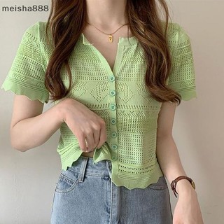 Meisha888 Mùa Hè Hàn Quốc Rỗng Ra Dệt Kim Áo Thun Nữ Cổ Chữ V Tay Ngắn Ôm Crop Top Đẹp