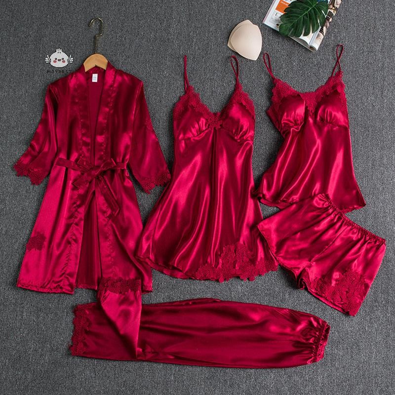 Maybest 5PC Áo choàng lụa Bộ đồ ngủ cho nữ Ren Satin Bộ đồ ngủ Bộ áo choàng cổ chữ V Cami Nighties Mặc Pijama Home Váy ngủ mùa xuân {VN}