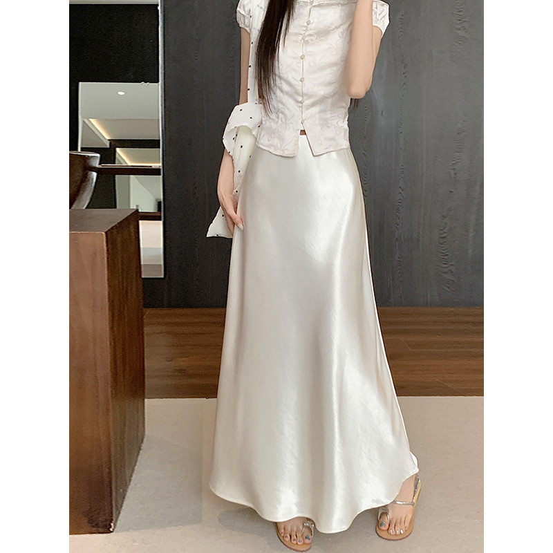 SUXI Váy Midi Satin Mùa Hè Mới Eo Cao Drap Nữ Váy Đuôi Cá Chữ A 260317