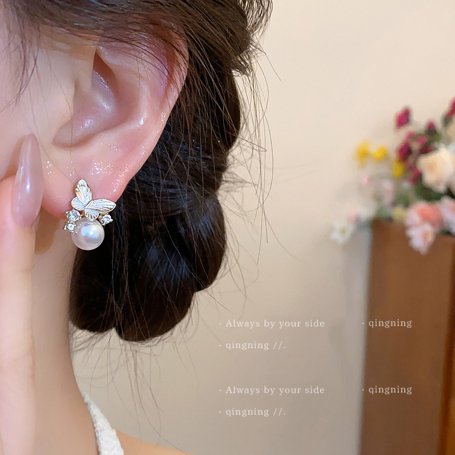 Bông Tai Thủ Công Bạc Dát Vàng với Kim Cương Nhỏ Giọt Hình Con Bướm và Ngọc Trai, Sang Trọng, Thích Hợp Cho Nữ