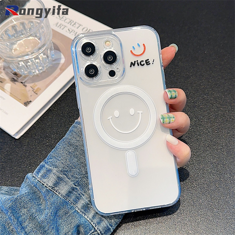 Vỏ sạc không dây từ tính cho OnePlus 13 13R 12 12R 11 11R 10T 10R 10 9 8 9R 9RT 8T 7 6T ACE 5 3 2 Pro 3V 2V Nord CE 4 3 2 Lite 2T N30 Điện thoại trong suốt Ốp lưng hình nụ cười hoạt hình