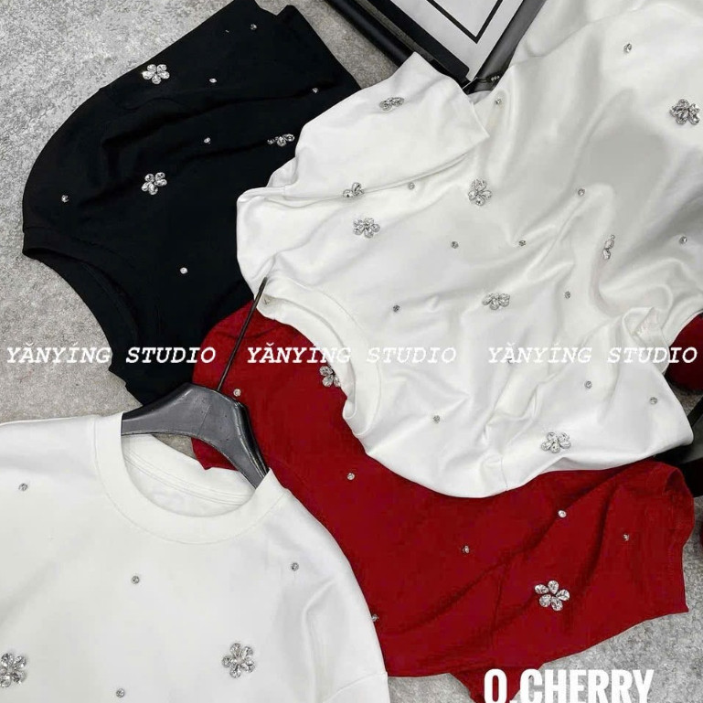 Áo Thun Đính Đá Hoa KCloset Áo Phông Cotton Dày Dặn Dáng Rộng Nữ Tính NA713