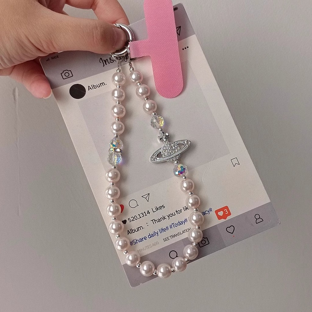 [3676 Bộ sưu tập người] Ánh sáng sang trọng cao cấp nhấp nháy kim cương Saturn Pearl Dây chuyền điện thoại di động diy Đính cườm cổ tay ngắn Dây chuyền túi Niche tinh tế Mặt dây chuyền