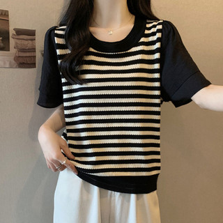 Plus Size Nữ Sọc Tay Ngắn Mùa Hè 2025 Phong Cách Mới Béo mm Bao Bụng Ôm Hơn Nhìn Voan Áo Thun Stitch