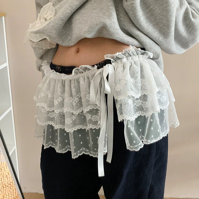 [GuuDuu] Váy ren xếp nếp màu trắng có dây buộc - Phụ kiện quần áo - Vỏ váy nữ để xếp lớp - Y2K, Dạo phố, Hip Hop - Nhẹ, Thoáng khí, Co Giãn