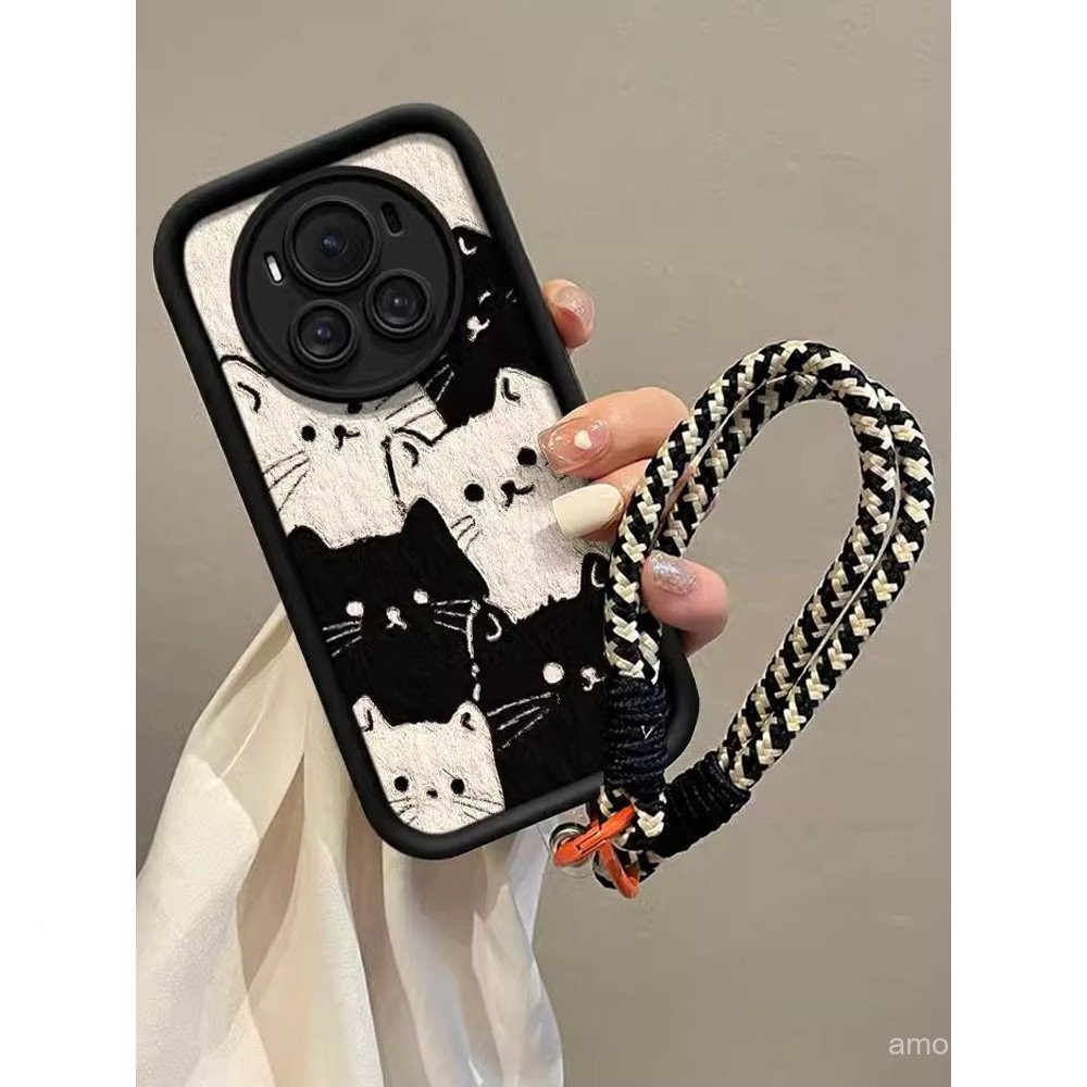 Ốp điện thoại dành cho Huawei Honor Magic 6 5 4 Pro Ốp bảo vệ bao gồm tất cả dây đeo tay ống kính mèo trắng đen nkr7