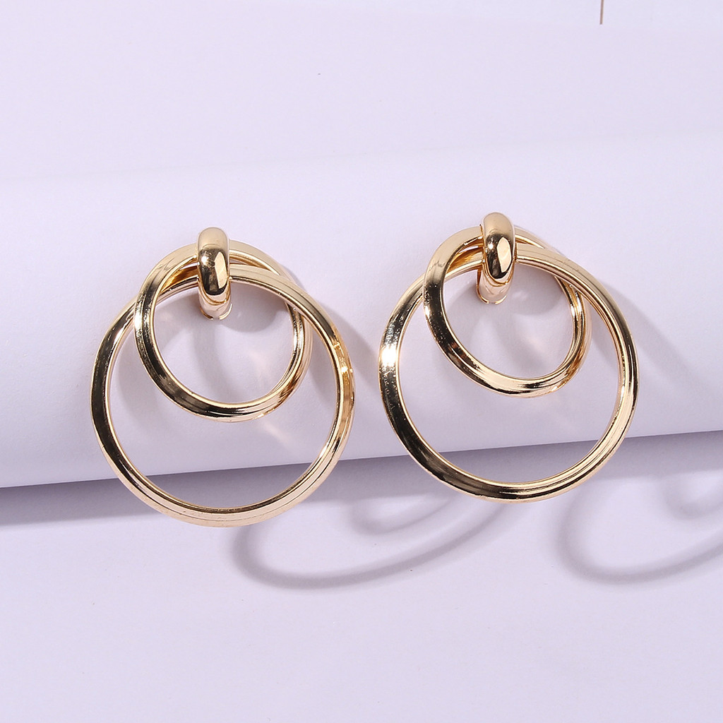 Trang sức EA775 Limeng thời trang phong cách mới Hoa tai hình học Hoa Tai Vòng tròn hai lớp cá tính Hoa Tai Nữ