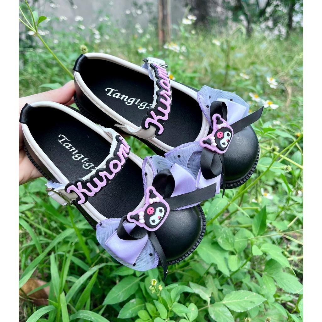 giày búp bê Kuromi bé gái giày bệt cho bé da PU mềm êm chân nơ chấm bi xinh xắn đen trắng QCCC full hộp Kuromi7003