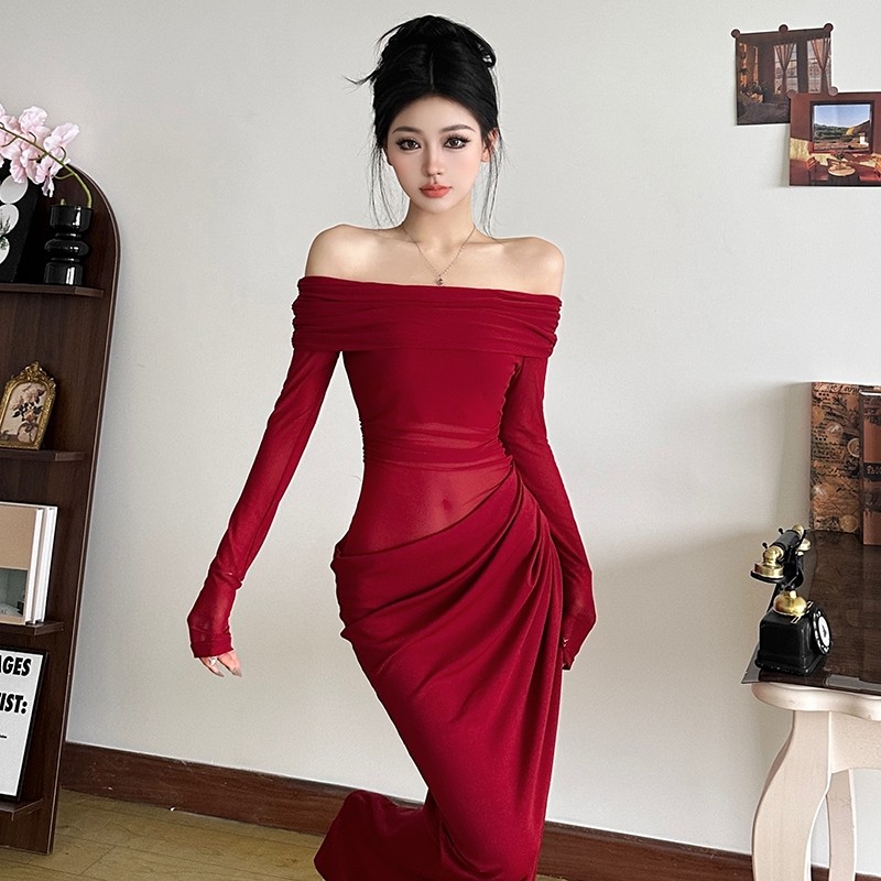 Klalien Đầm Lưới Cổ Chém Chắc Chắn Skinny Chắp Vá Rỗng Ra Không Đều Tay Dài Hình Eo Hông-Cover Thời Trang Ngọt Ngào