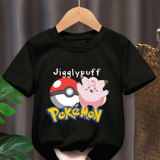 Dòng Pokemon hoạt hình màu đen nguyên chất Áo thun Pikachu in hình thời trang quần áo ngắn tay hàng ngày dành cho trẻ em