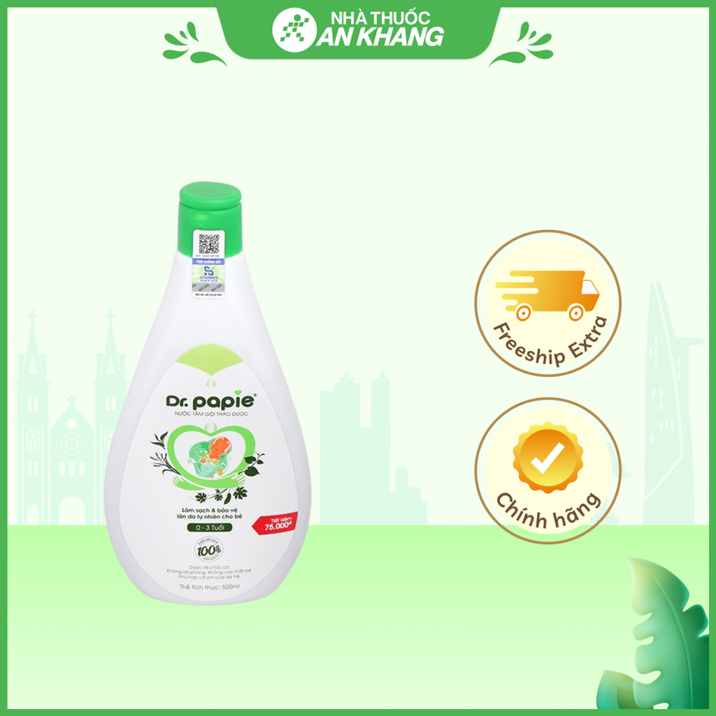 Nước tắm gội thảo dược Dr.Papie ngăn ngừa rôm sảy, mụn nhọt, nổi mề đay cho bé chai 500ml