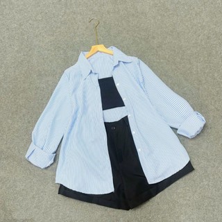Set 3 Món Bigsize Nữ Áo Sơ Mi Kẻ Sọc Kèm Áo Quây Quần Đùi Năng Động Mùa Hè Cho CHubby