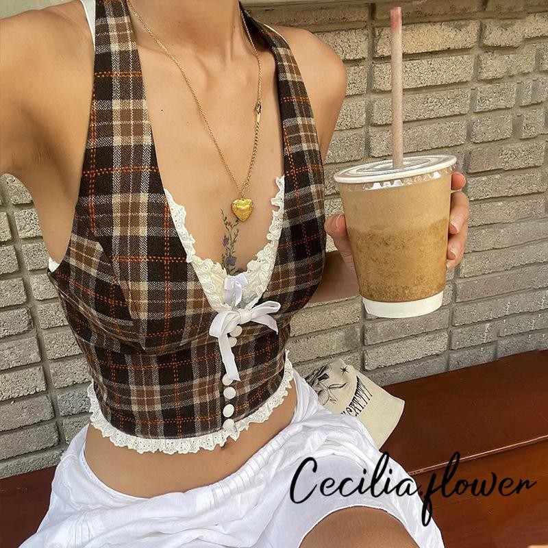 Nữ Dây Cổ Tank Tops Không Tay Ren Viền Kẻ Sọc In Crop Top Áo Sơ Mi Mùa Hè