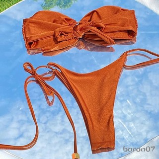 Bộ Bikini mùa hè dành cho nữ Bộ vòng kim loại màu trơn Áo ngực quây có dây buộc Quần short eo thấp 2 chiếc Đồ bơi