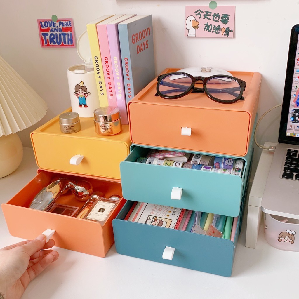 Hộp đựng đồ để bàn màu Morandi ,giá ngăn kéo nhiều tầng, kết hợp mới kệ đựng mỹ phẩm  phiên bản Hàn Quốc FE123