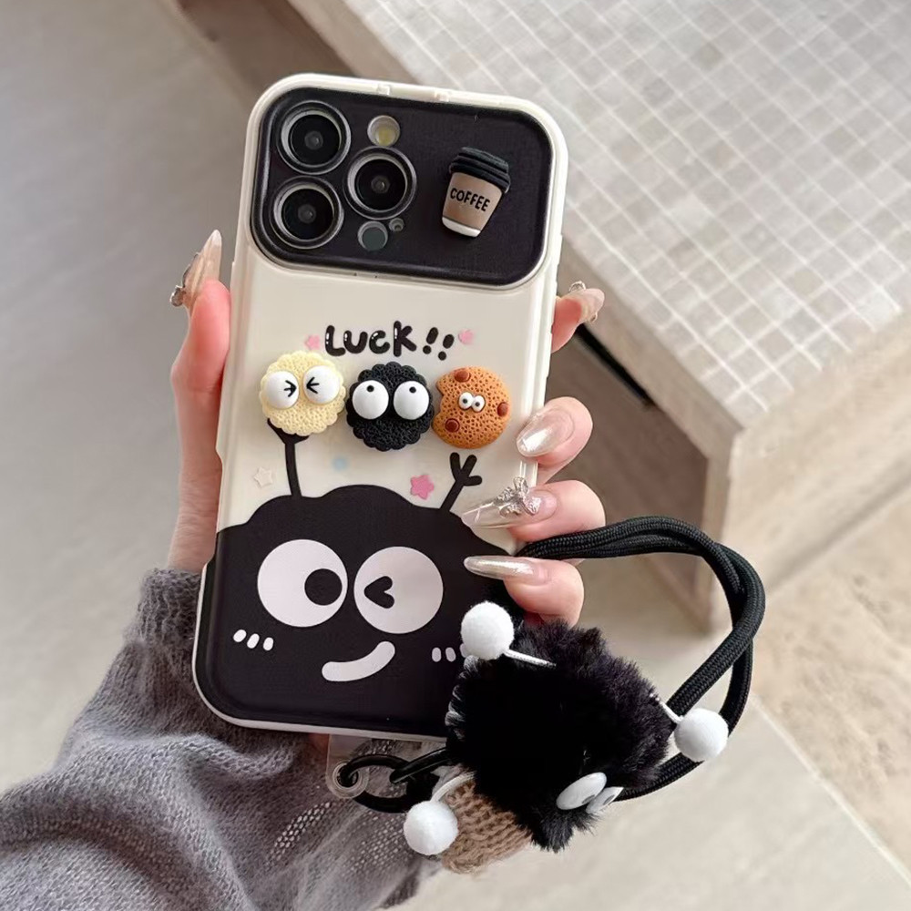 Dễ Thương Bóng Than Búp Bê + Mặt Dây Chuyền Lật Gương Giá Đỡ Ốp Lưng Điện Thoại Cho iPhone 17 Pro Max 17 Air 16 Plus 15 14 13 12 11ProMax Vỏ Bảo Vệ Chống Sốc