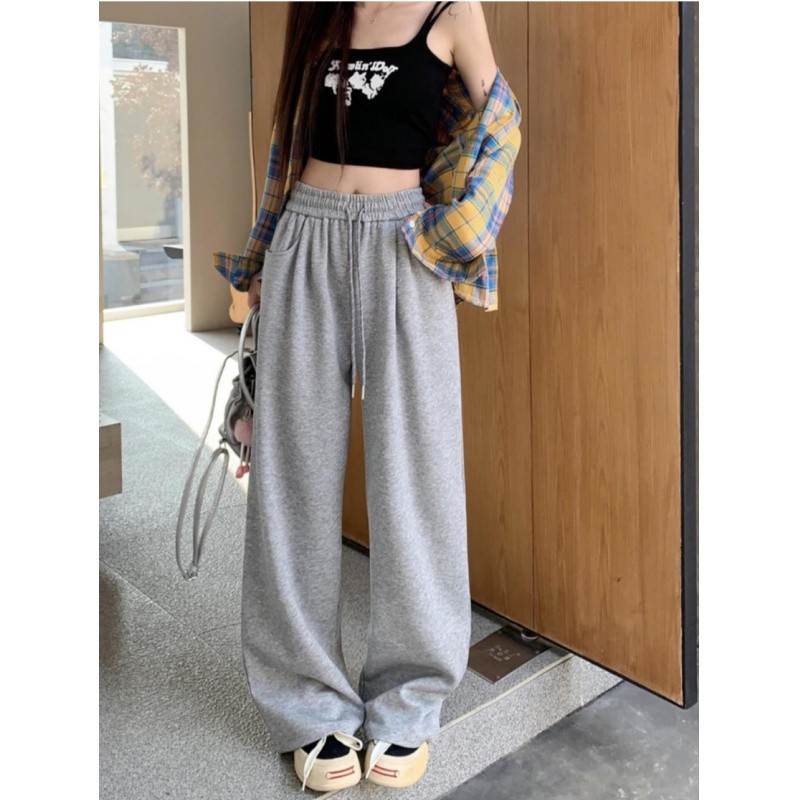Quần ống rộng quần thường ngày rộng rãi quần giáng sinh nữ quần ống đứng cạp cao mùa thu quần lau sàn