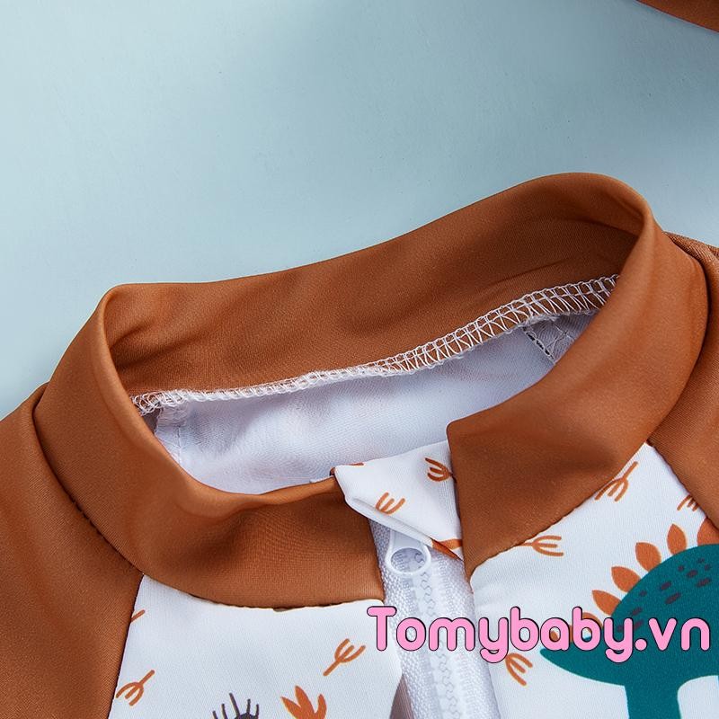 Trẻ mới biết đi Bé trai Rash Guard Đồ bơi in hình khủng long tay ngắn Mock Cổ Zip Bộ đồ tắm có nắp bơi