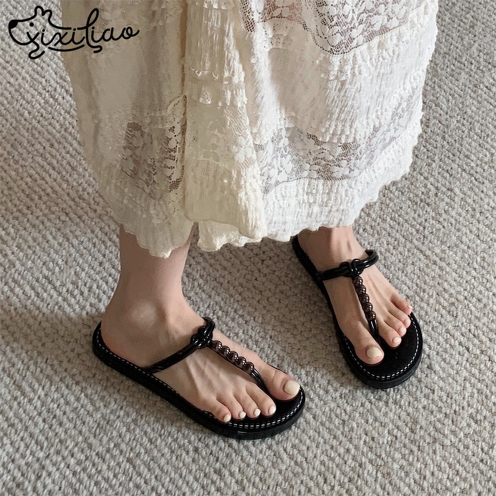 XIXITIAO Dép Lật Phẳng Màu Sắc Mùa Hè Phù Hợp Với Thời Trang Đính Hạt Đi Biển Flip Flops Nữ