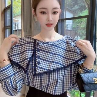 [318 Người Giao hàng trong vòng 7 giờ] Thiết kế kẻ sọc phong cách phương Tây thời trang kiểu Pháp Áo sơ mi dài tay có ve áo không đều 2025 Áo sang trọng mùa xuân
