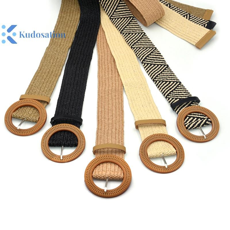 Kudosation Mùa Hè Nữ Thắt Lưng Co Giãn Khóa Tròn Vintage Boho Rơm Dệt Thắt Lưng Đầm
