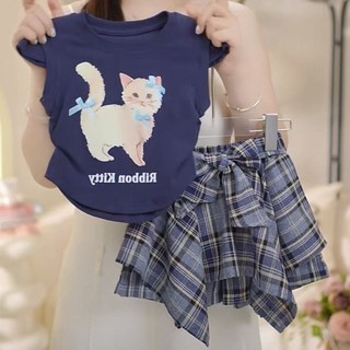 Trang phục bé gái 2025 mới mùa hè, bộ vest dễ thương cho bé gái, váy kẻ sọc và quần, bộ hai mảnh