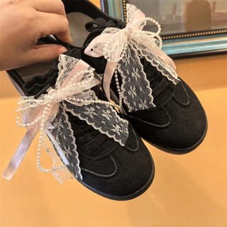 Phụ kiện dây giày ngọc trai hồng ren nơ, charm hoa gấu tình yêu, khóa DIY cho thể thao