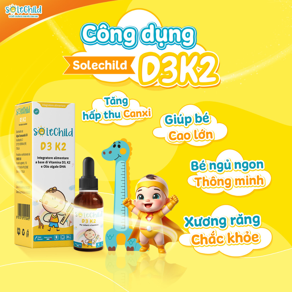 D3K2 Plus DHA Tinh Khiết Hữu Cơ Cho Bé SOLECHILD D3K2 Phát Triển Chiều Cao, Xương Răng Chắc Khỏe