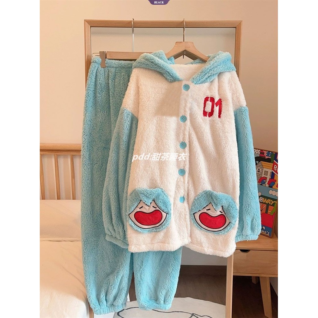 Ins Wind Hatsune Miku Coral Velvet Bộ Đồ Ngủ Nữ Thu Đông Dày Và Đệm Ấm Áp Flannel Loungewear Suit [BL]