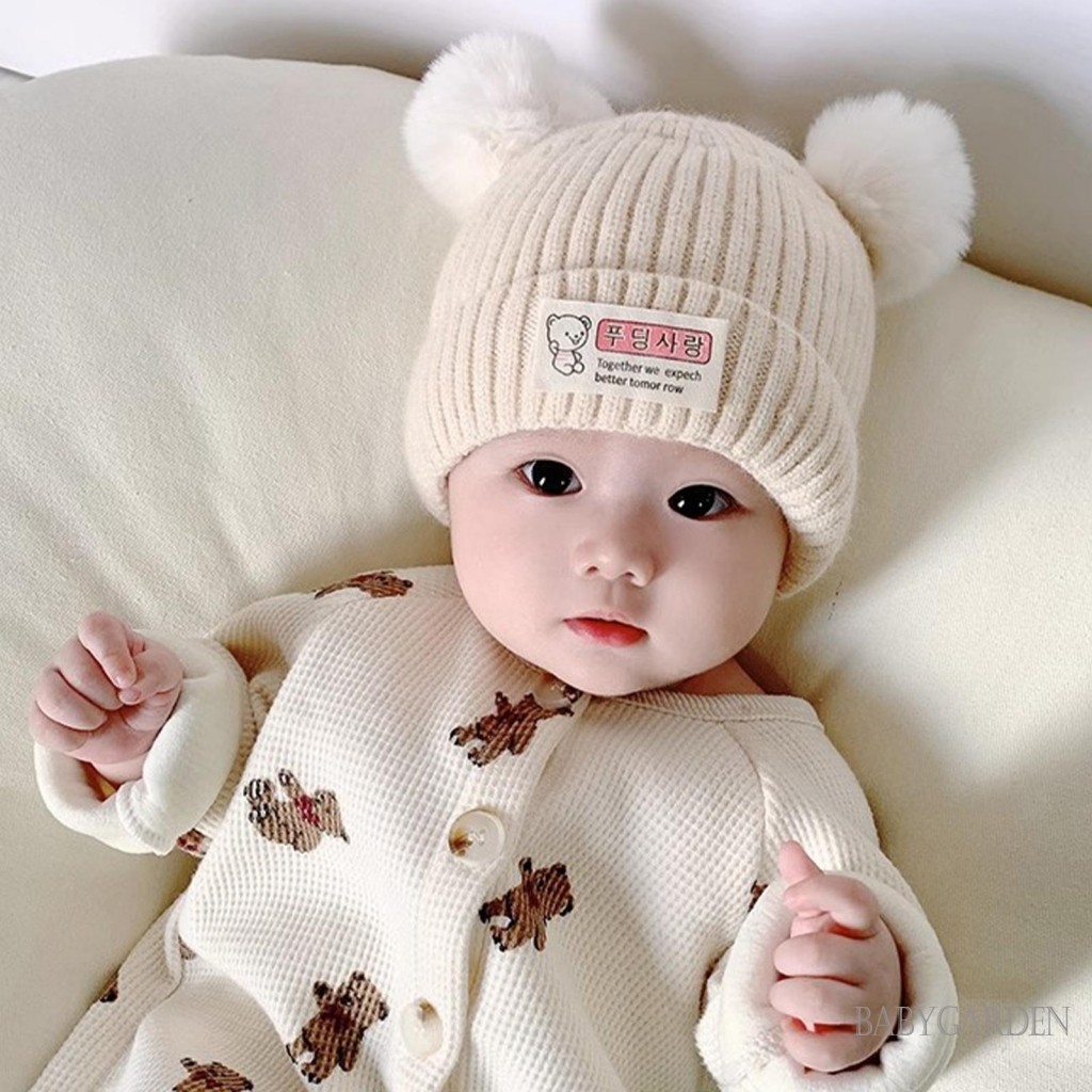 / / -Baby Girls Boys Beanie Bear Letter Patch Double Bobbles Thu Đông Mũ Ấm Áp Tập Đi Beanie Mũ Đan