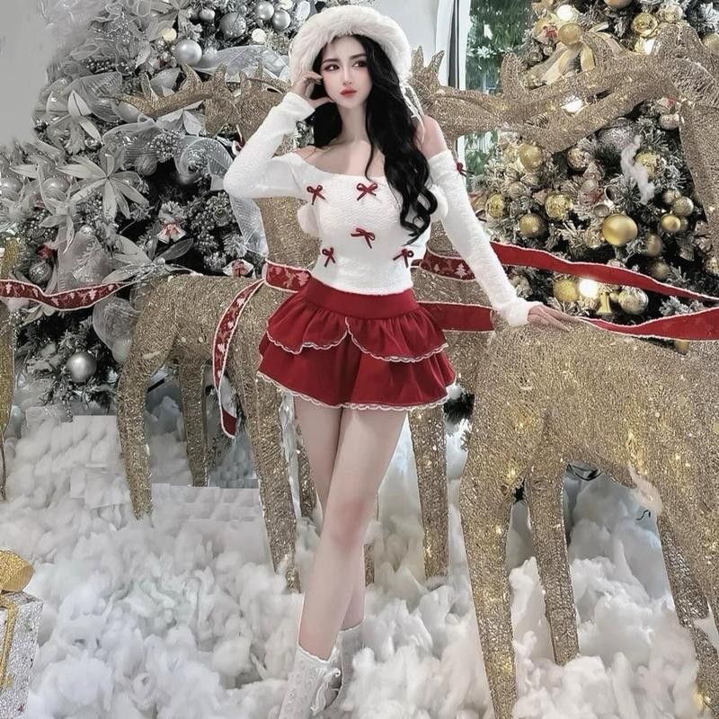 Sét áo thun lông Nhiều Nơ tay dài và chân váy 2 tầng phối ren lưng thun eo 58-75cm Free Size dưới 53kg Nữ Voi Top