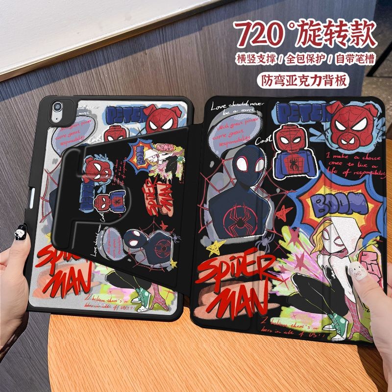 Hoạt Hình Người Nhện Xoay 360 Độ Cho iPad Máy Tính Bảng Case2024air6 Pro11 Air3 / 4 / 5 10.9 10.5gen10th 2022Mini4 / 5 / 6 7.9 8.3 Air1 / 2 9.7gen7gen8gen9 10.2with Nắp Bảo Vệ Khe Cắm Bút