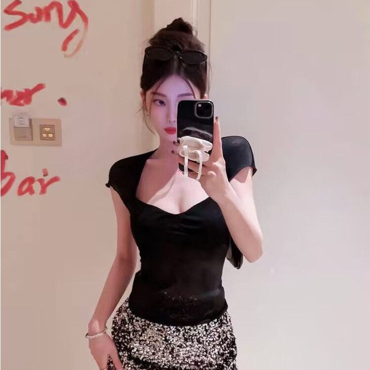 Áo thun cổ vuông mùa hè gợi cảm hở lưng nữ tay ngắn thanh lịch áo crop top